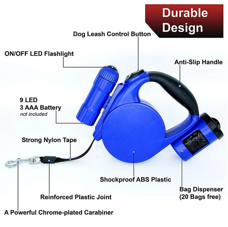 Nightwalk 4.5M Led Light And Waste Bag Dispenser Retractable Dog Leash by Dog Hugs Cat