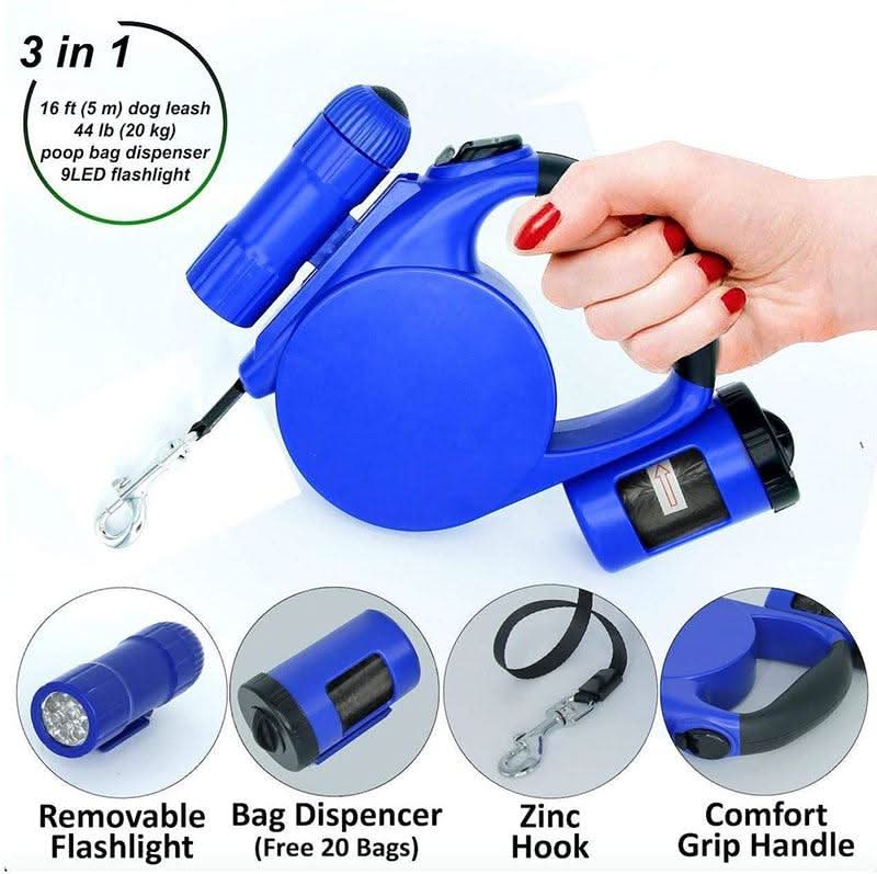 Nightwalk 4.5M Led Light And Waste Bag Dispenser Retractable Dog Leash by Dog Hugs Cat