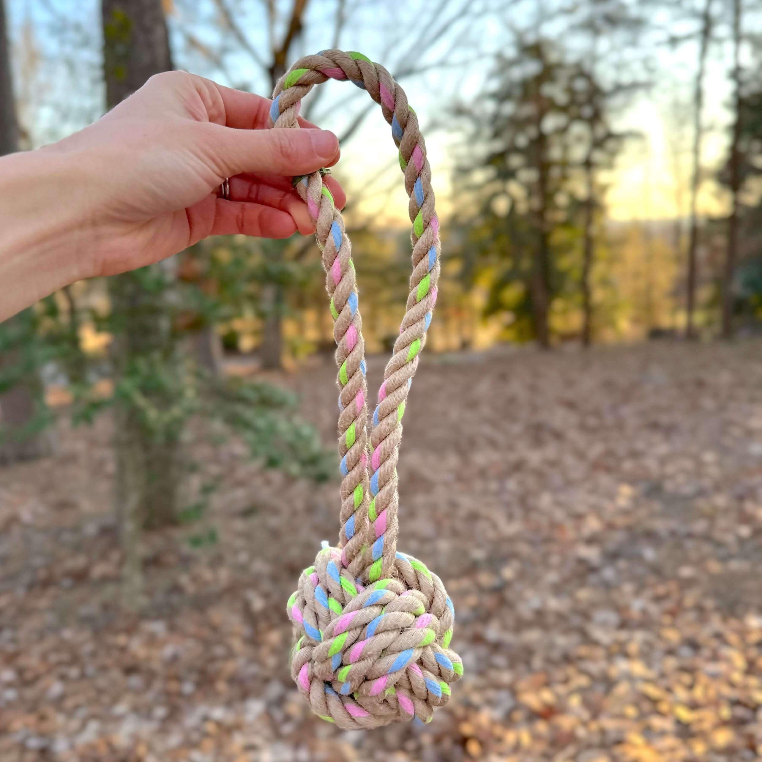 Rainbow Joy Hemp Rope Tug Toys, 12.5 in, Knotty Pawz handmade; hemp and recycled cotton with blue, pink, green specks.