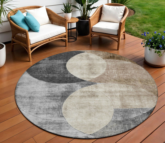 8' Pewter Brown And Charcoal Round Geometric Washable Indoor Outdoor Area Rug