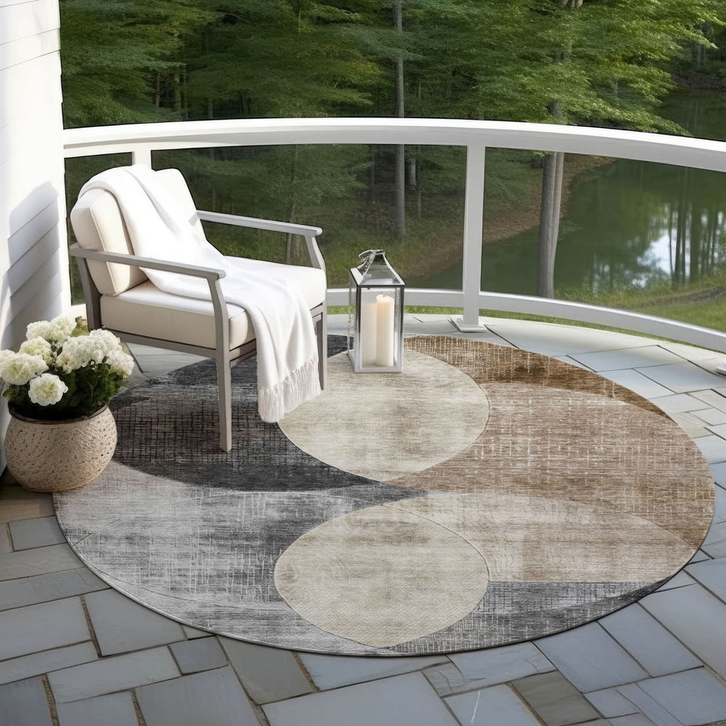 8' Pewter Brown And Charcoal Round Geometric Washable Indoor Outdoor Area Rug by Homeroots