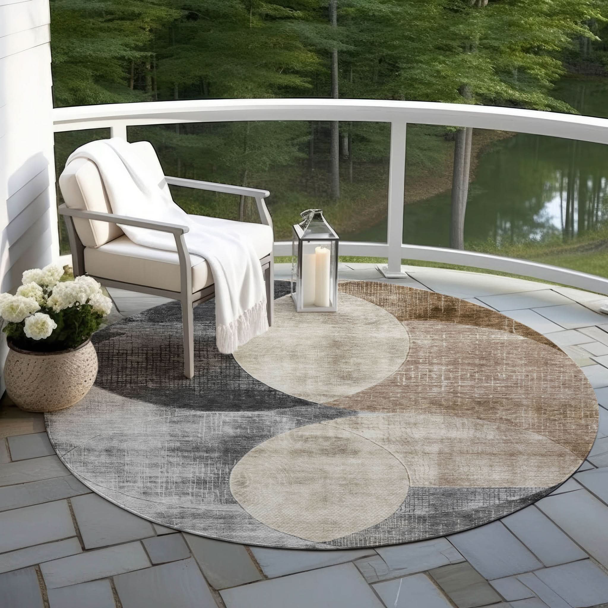 8' Pewter Brown And Charcoal Round Geometric Washable Indoor Outdoor Area Rug by Homeroots