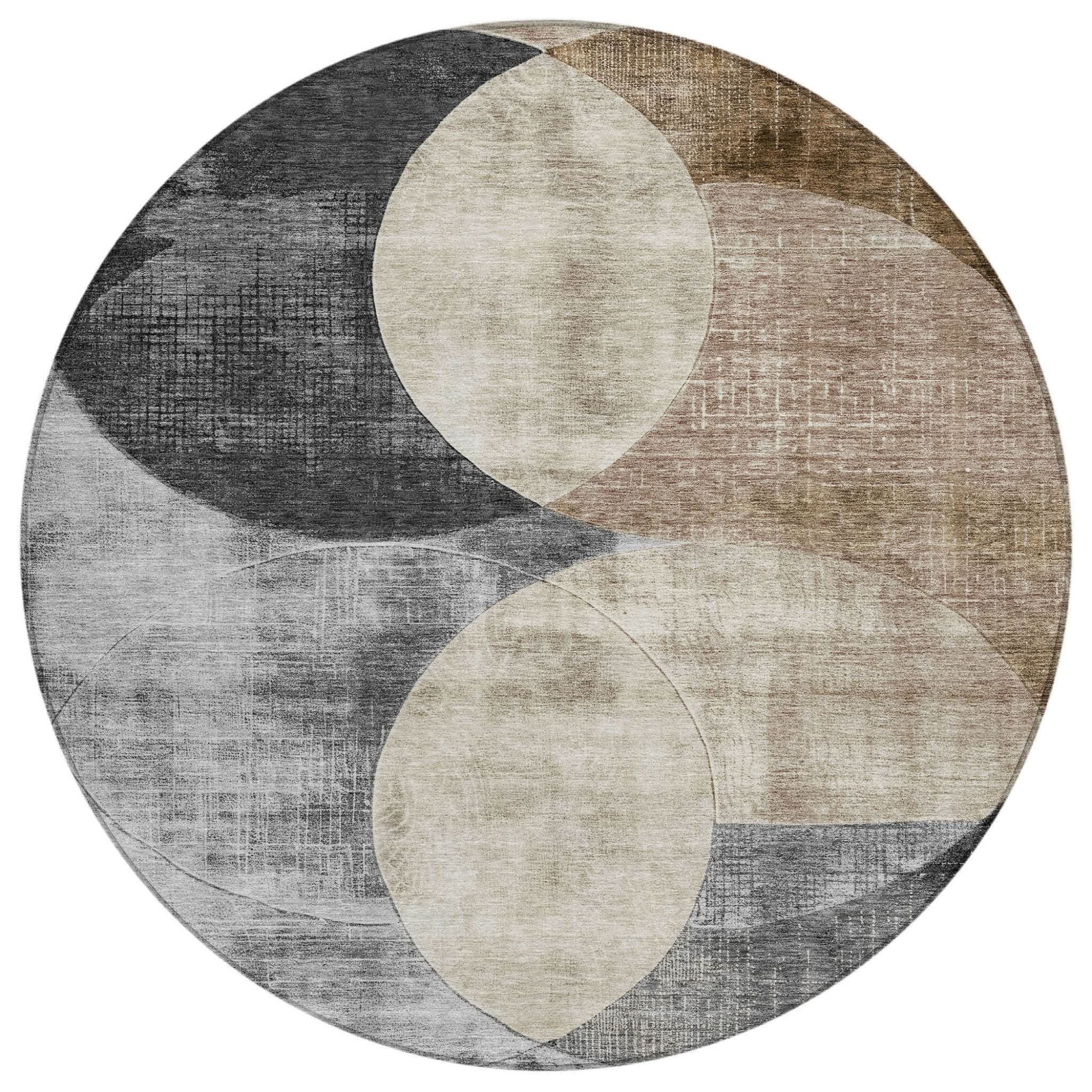 8' Pewter Brown And Charcoal Round Geometric Washable Indoor Outdoor Area Rug by Homeroots