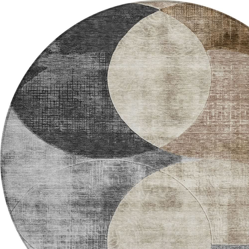 8' Pewter Brown And Charcoal Round Geometric Washable Indoor Outdoor Area Rug by Homeroots