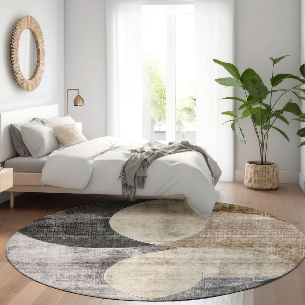 8' Pewter Brown And Charcoal Round Geometric Washable Indoor Outdoor Area Rug by Homeroots
