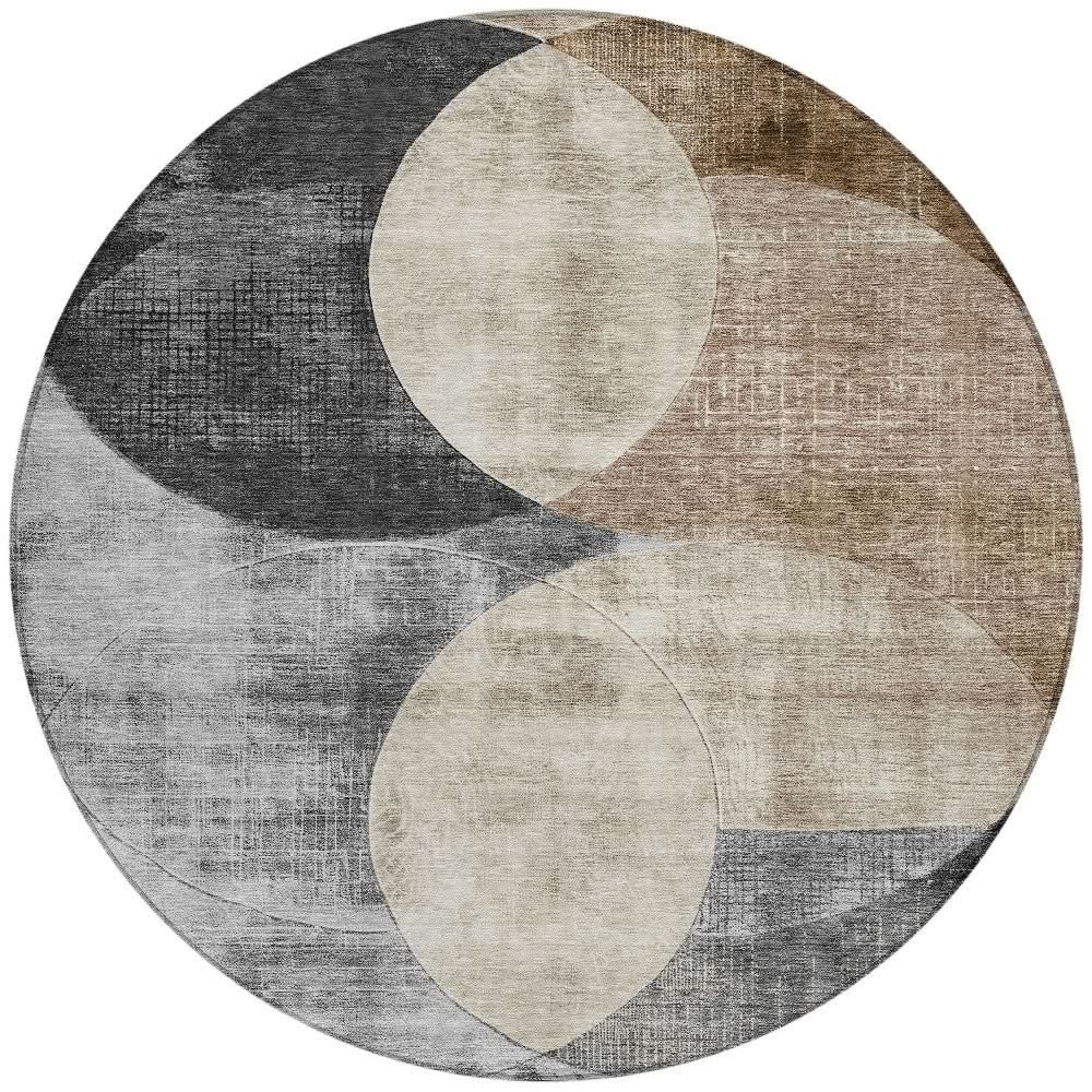 8' Pewter Brown And Charcoal Round Geometric Washable Indoor Outdoor Area Rug by Homeroots