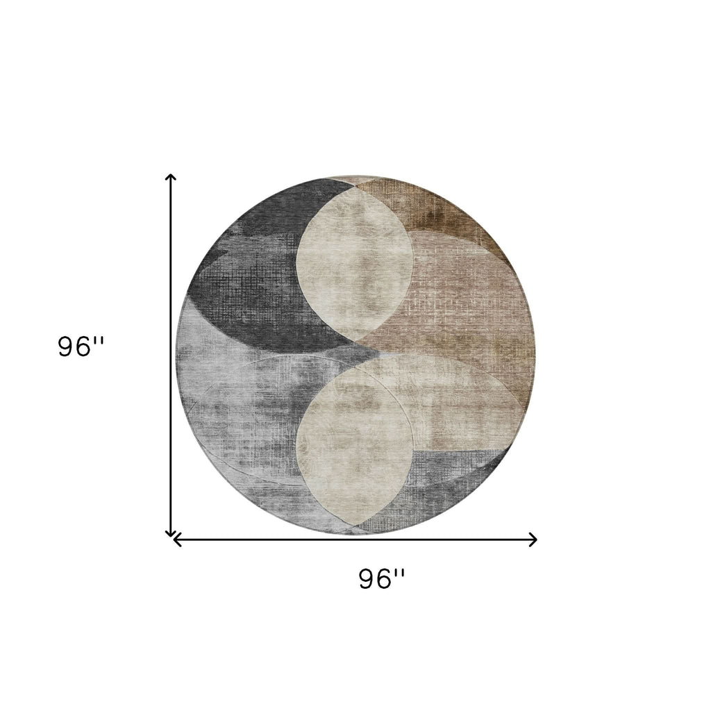 8' Pewter Brown And Charcoal Round Geometric Washable Indoor Outdoor Area Rug by Homeroots