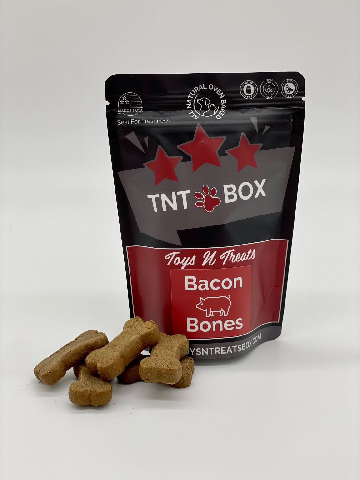 Bacon Bones Dog Treats - All Natural Oven Baked by Toys N Treats Box