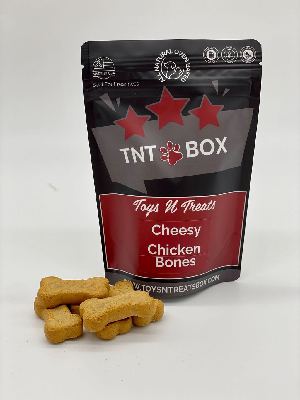 Cheesy Chicken Bones Dog Treats - All Natural Oven Baked by Toys N Treats Box