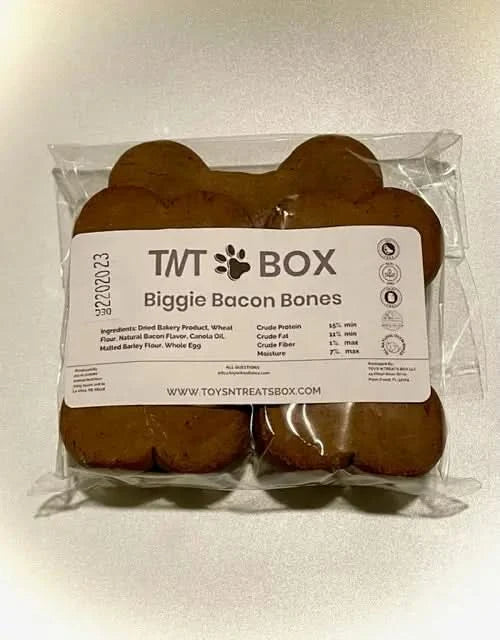 Biggie Bacon Bones Dog Treats - All Natural Oven Baked by Toys N Treats Box